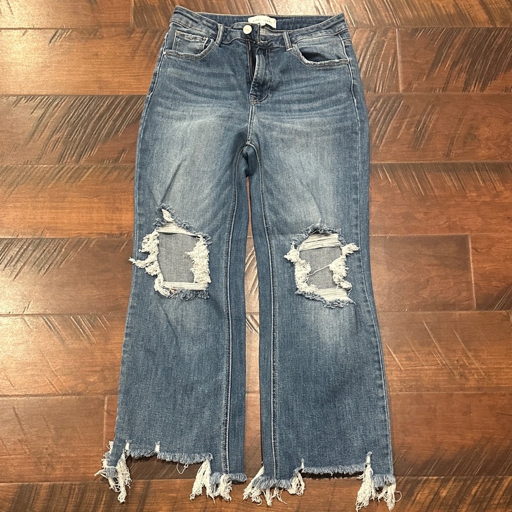 Trendy Distressed Flare Jeans in Classic Blue